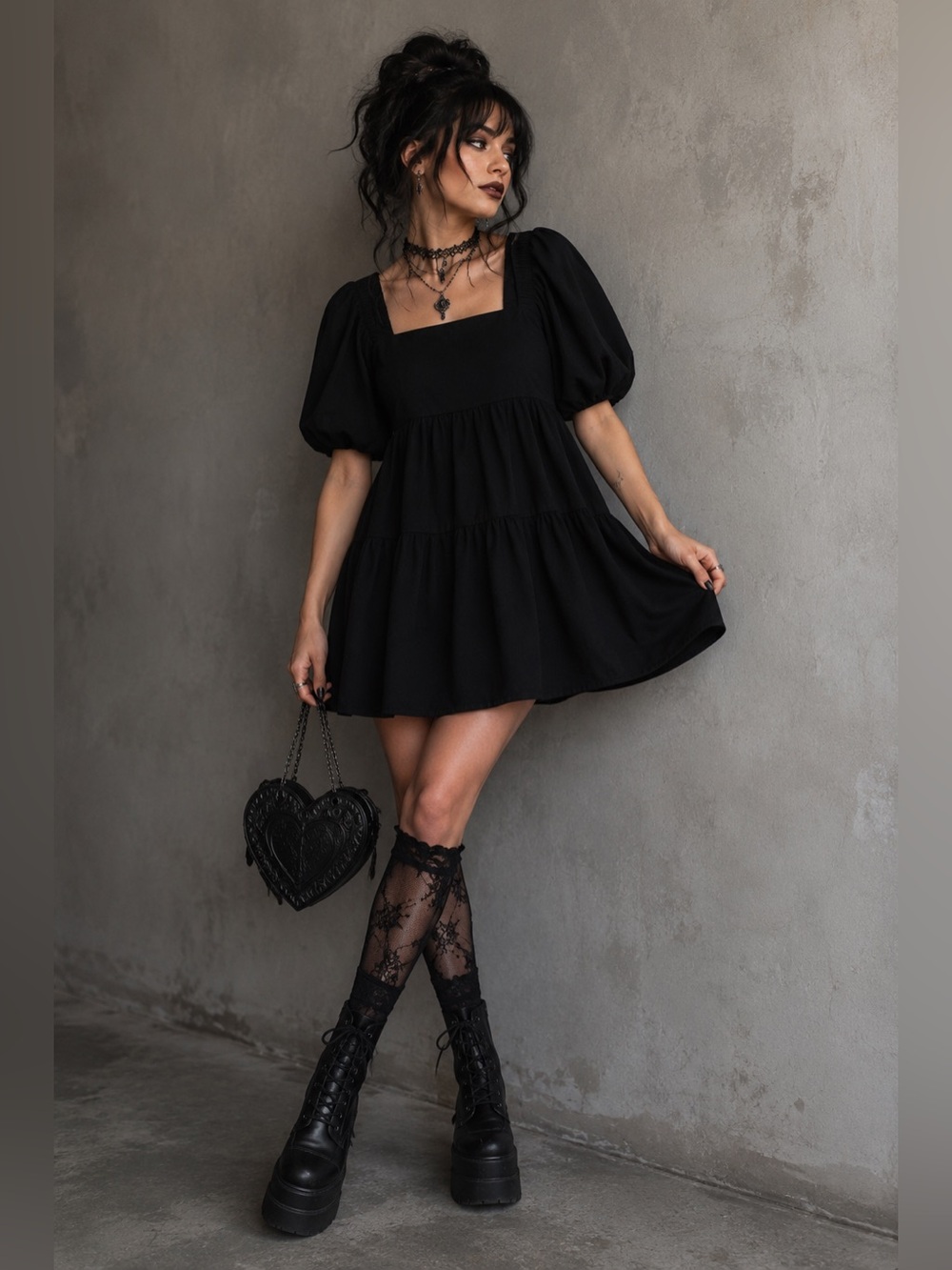 Shine Star Black Puff Sleeve Babydoll Mini Dress | Square Neck Boho Cottagecore - Picture 2 of 12